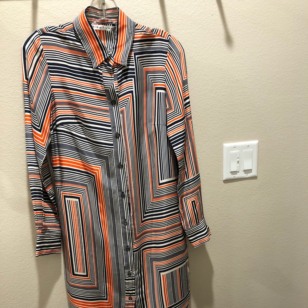 Trina Turk Orange & Navy Silk Geometric Shirtdress